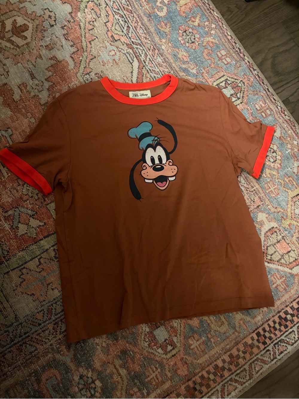 Unisex Goofy Graphic Ringer Tee - Brown with Orange Trim